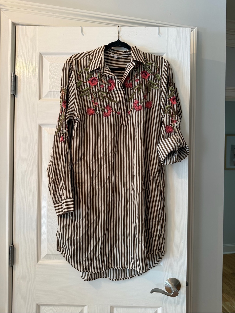 Tolani Brown and White Striped Tunic with Red Floral Embroidery